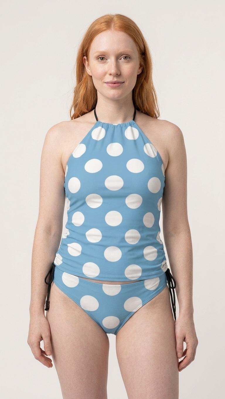 Halter Tankini Two-Piece Swimsuit – Side Drawstrings, Flattering, Comfortable – Blue Large Polka-Dot