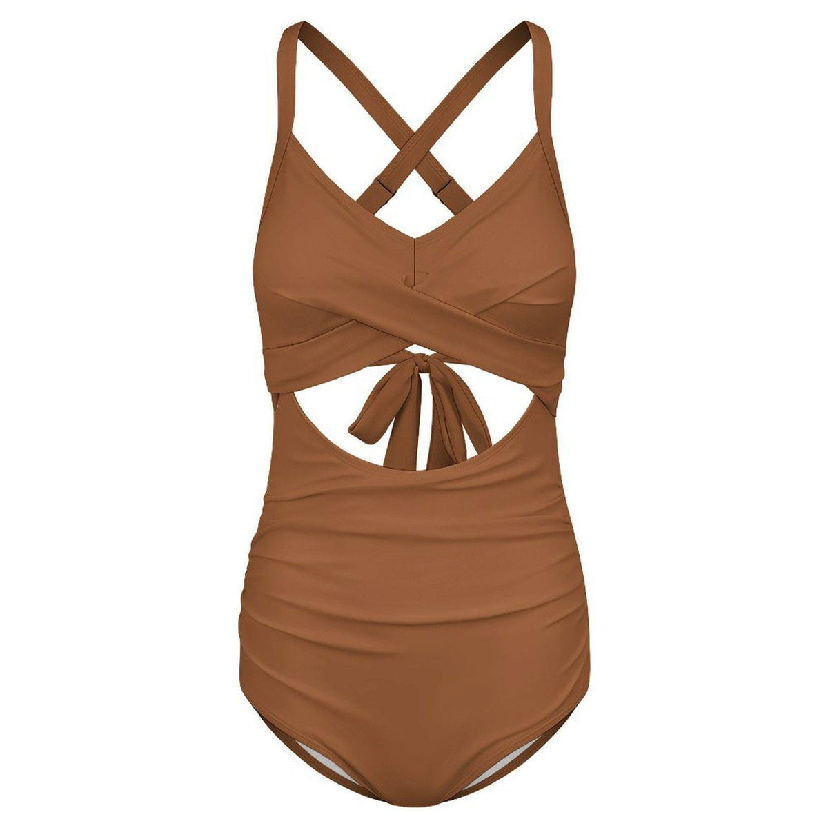 Brown Cut-Out One-Piece Swimsuit, Lace-Up Back & Ruching
