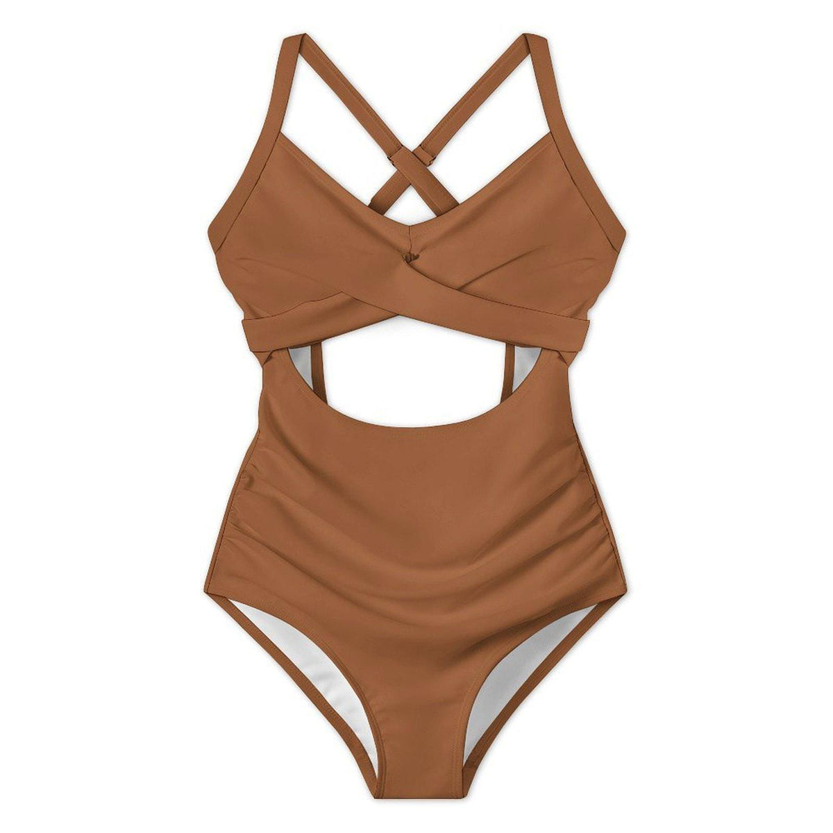 Brown Cut-Out One-Piece Swimsuit, Lace-Up Back & Ruching