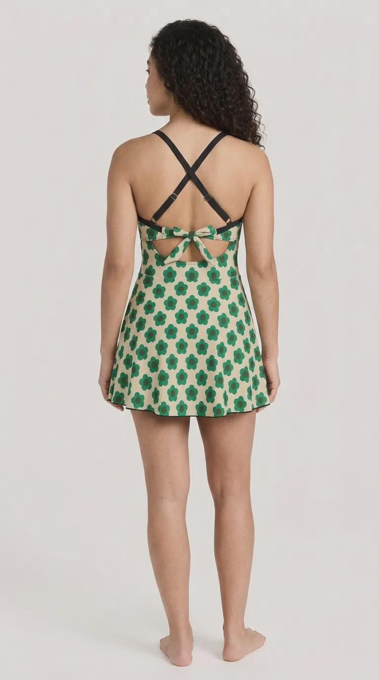 Skirted One-Piece Swimsuit with Cut-Out Detail | Integrated Bottoms | Teal Retro Flowers