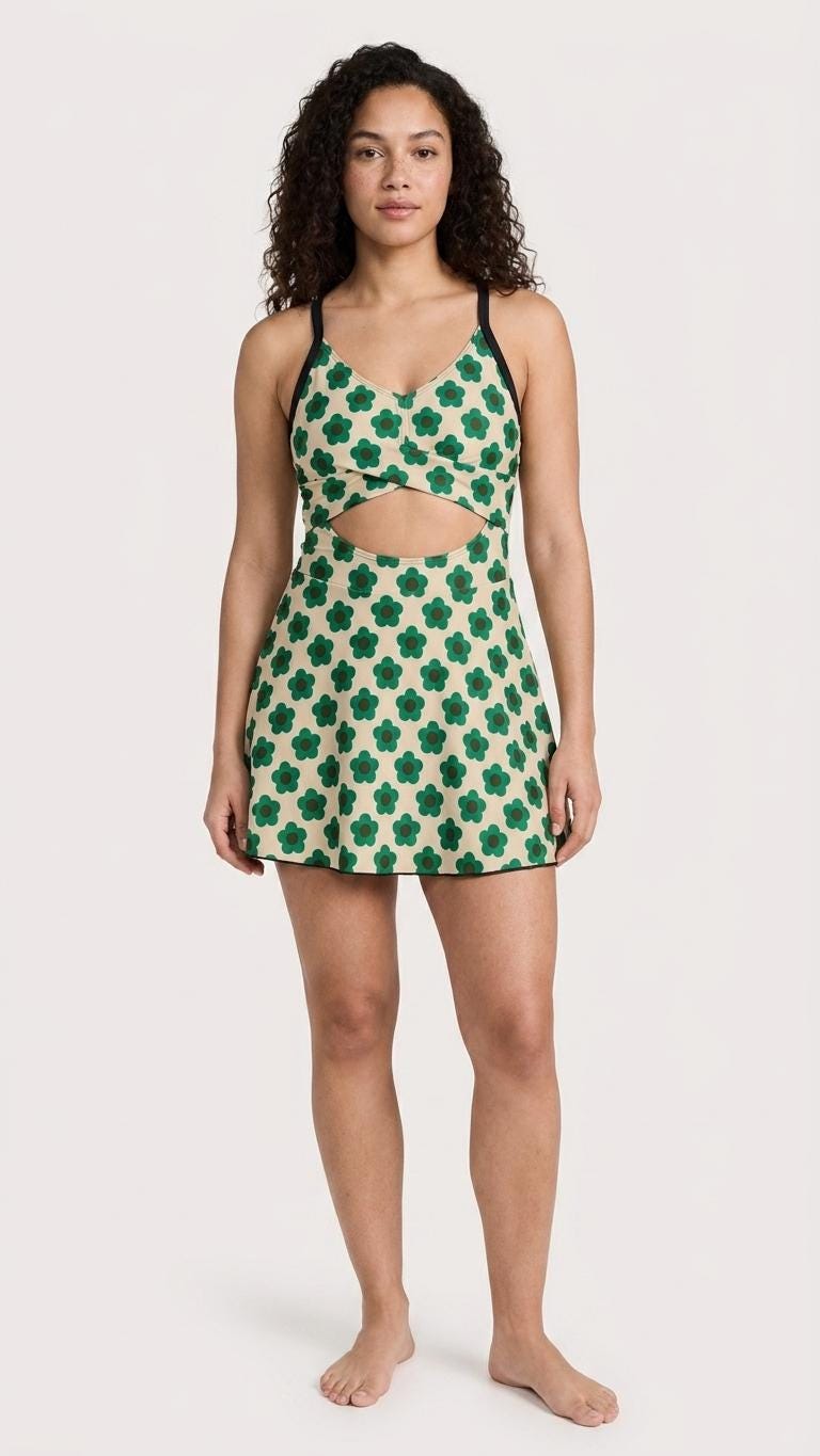 Skirted One-Piece Swimsuit with Cut-Out Detail | Integrated Bottoms | Teal Retro Flowers