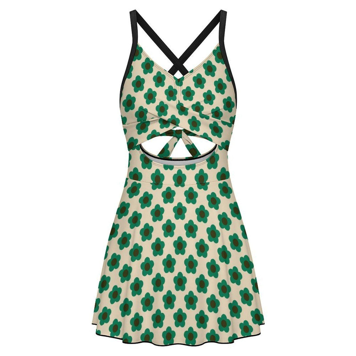 Skirted One-Piece Swimsuit with Cut-Out Detail | Integrated Bottoms | Teal Retro Flowers
