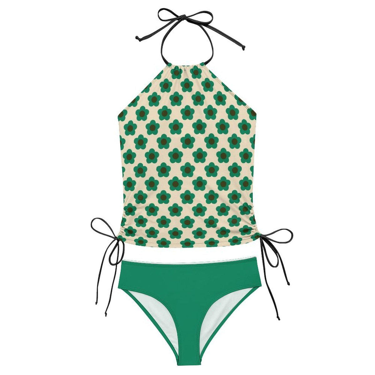 Teal Retro Mid-Century Flowers Tankini: Halter Swimsuit with Drawstrings