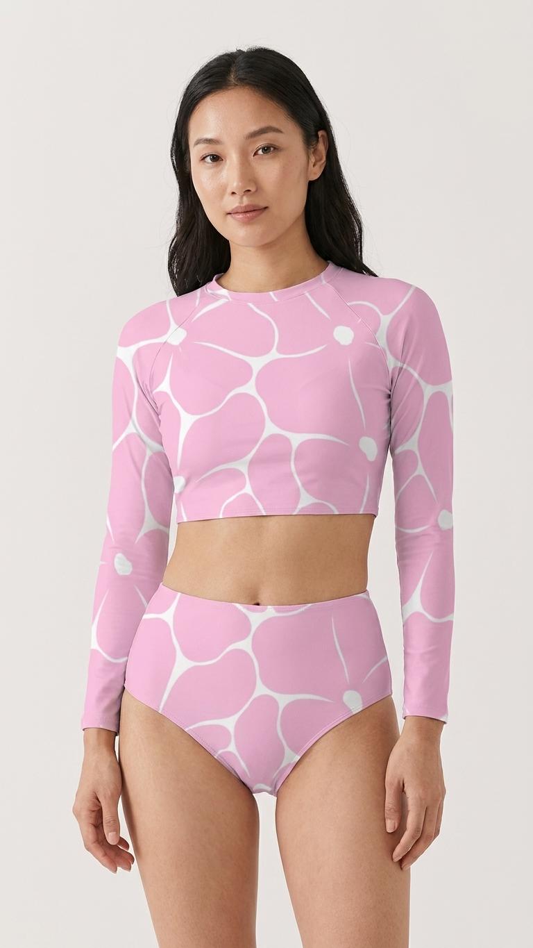 Retro Pink Flowers, Two-Piece Swimsuit, Long Sleeve Crop Rash Guard