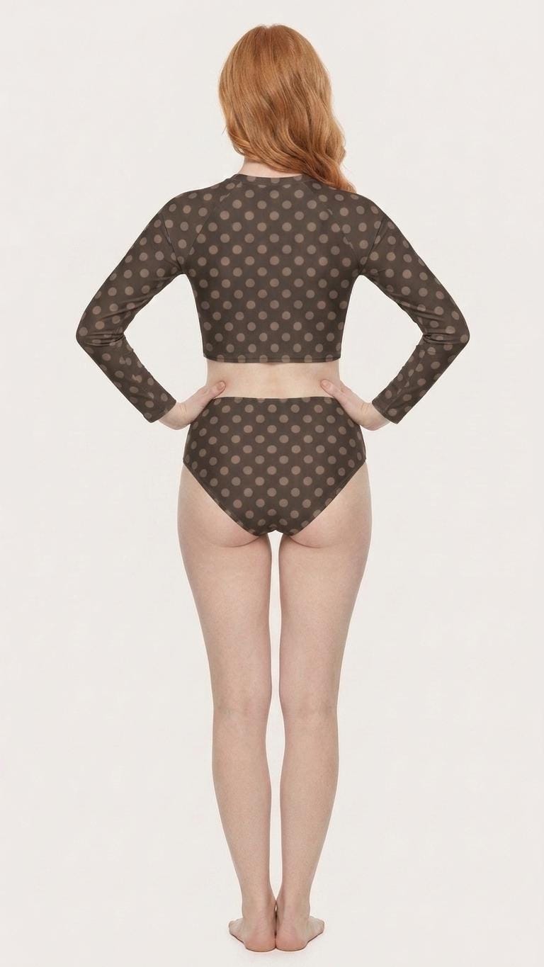 Retro Brown Polka Dot, Two-Piece Swimsuit, Long Sleeve Crop Rash Guard