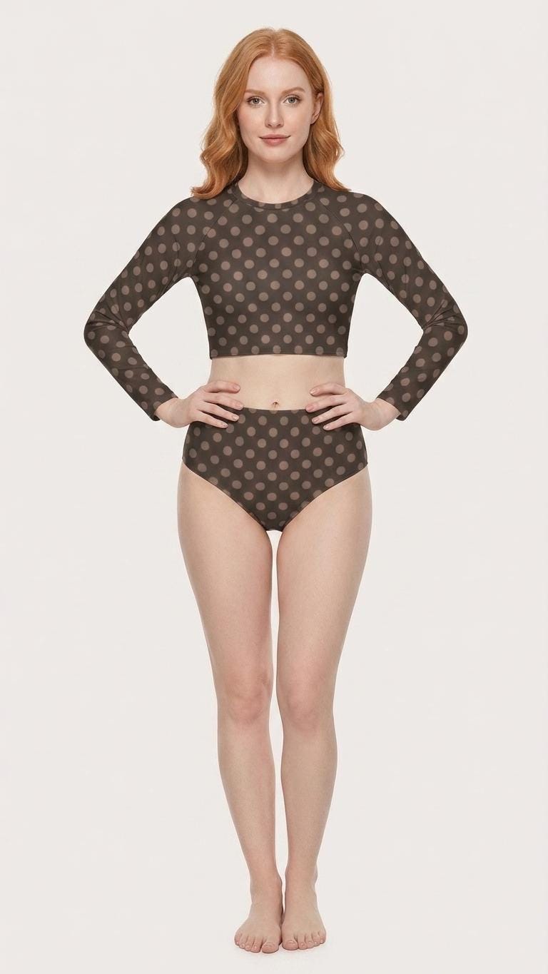Retro Brown Polka Dot, Two-Piece Swimsuit, Long Sleeve Crop Rash Guard