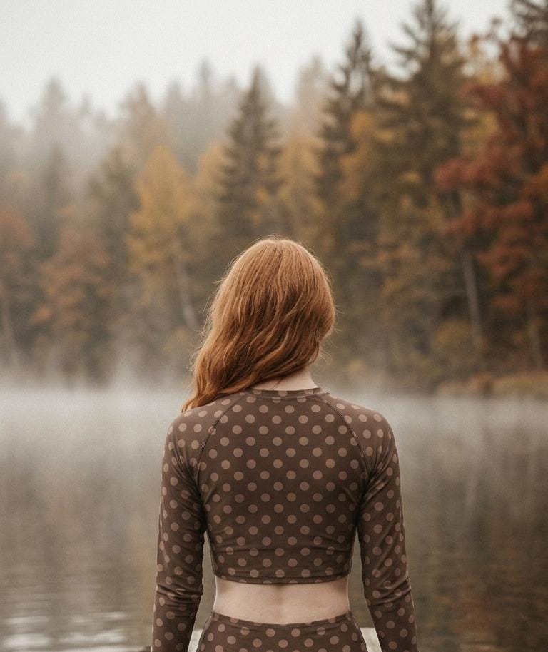 Retro Brown Polka Dot, Two-Piece Swimsuit, Long Sleeve Crop Rash Guard