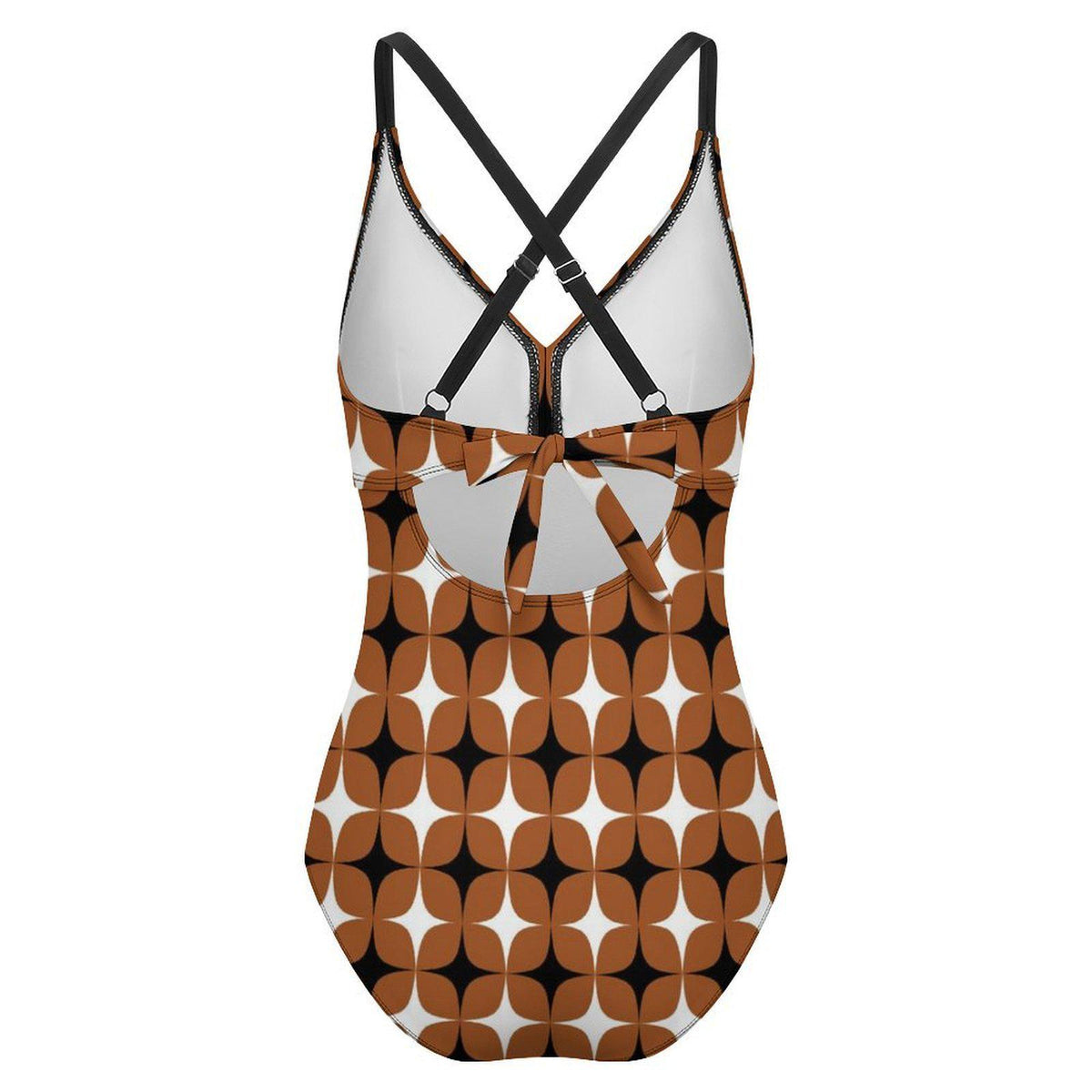Retro One-Piece Swimsuit, Ruched Wrap-Front Bathing Suit, Cross Strap Swimwear, Brown Mid Century Pattern