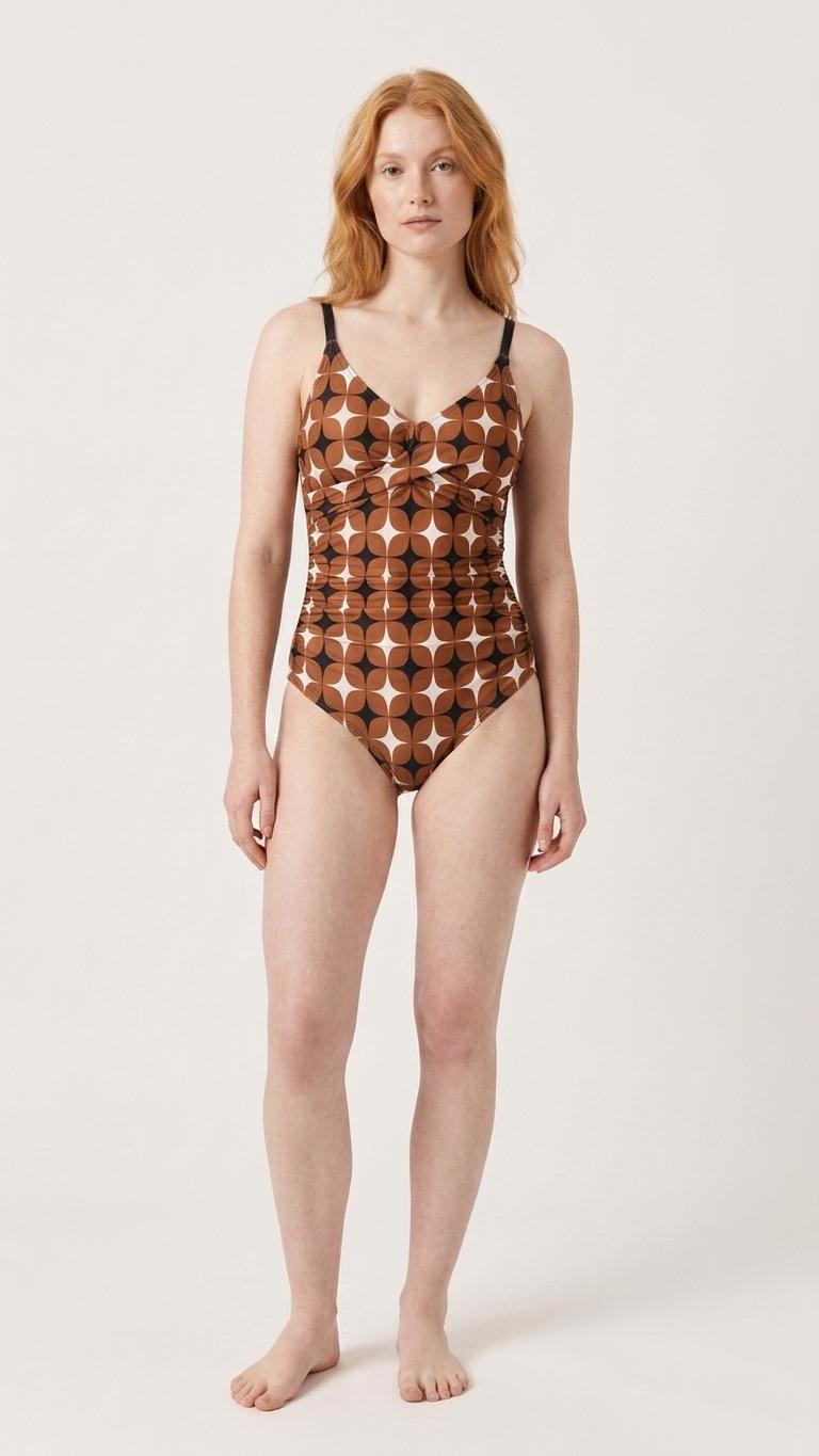 Retro One-Piece Swimsuit, Ruched Wrap-Front Bathing Suit, Cross Strap Swimwear, Brown Mid Century Pattern