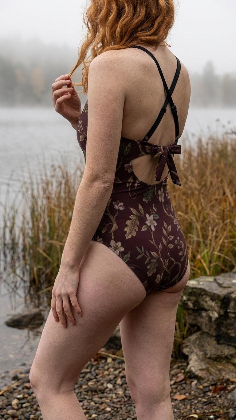 Retro One-Piece Swimsuit, Ruched Wrap-Front Bathing Suit, Cross Strap Swimwear, Brown Vintage Florals