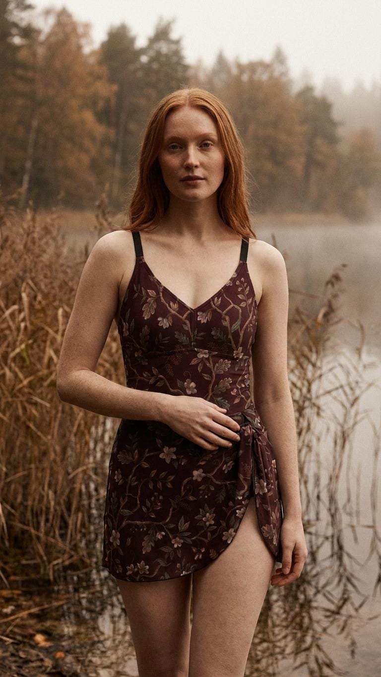 Retro Swim Dress, Integrated Bottoms & Adjustable Straps, Modest One-Piece Romper, Brown Vintage Florals