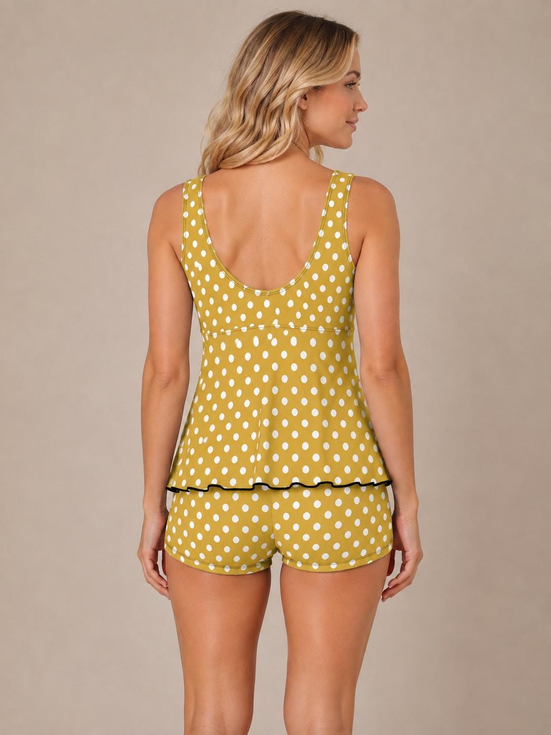 Drawstring Tankini Two-Piece Swimsuit with Boyshort Bottoms, Mustard Polka-Dot