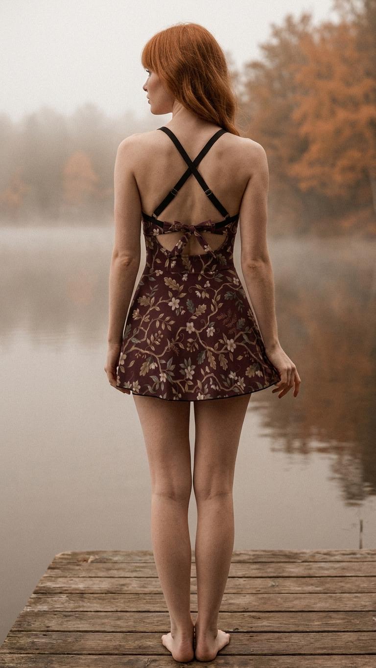 Skirted One-Piece Swimsuit with Cut-Out Detail | Integrated Bottoms | Brown Vintage Florals