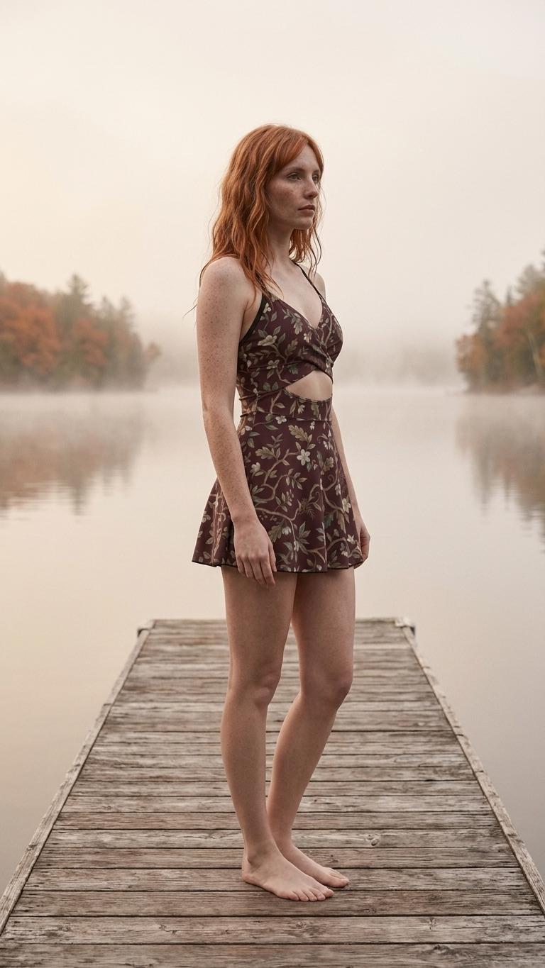 Skirted One-Piece Swimsuit with Cut-Out Detail | Integrated Bottoms | Brown Vintage Florals
