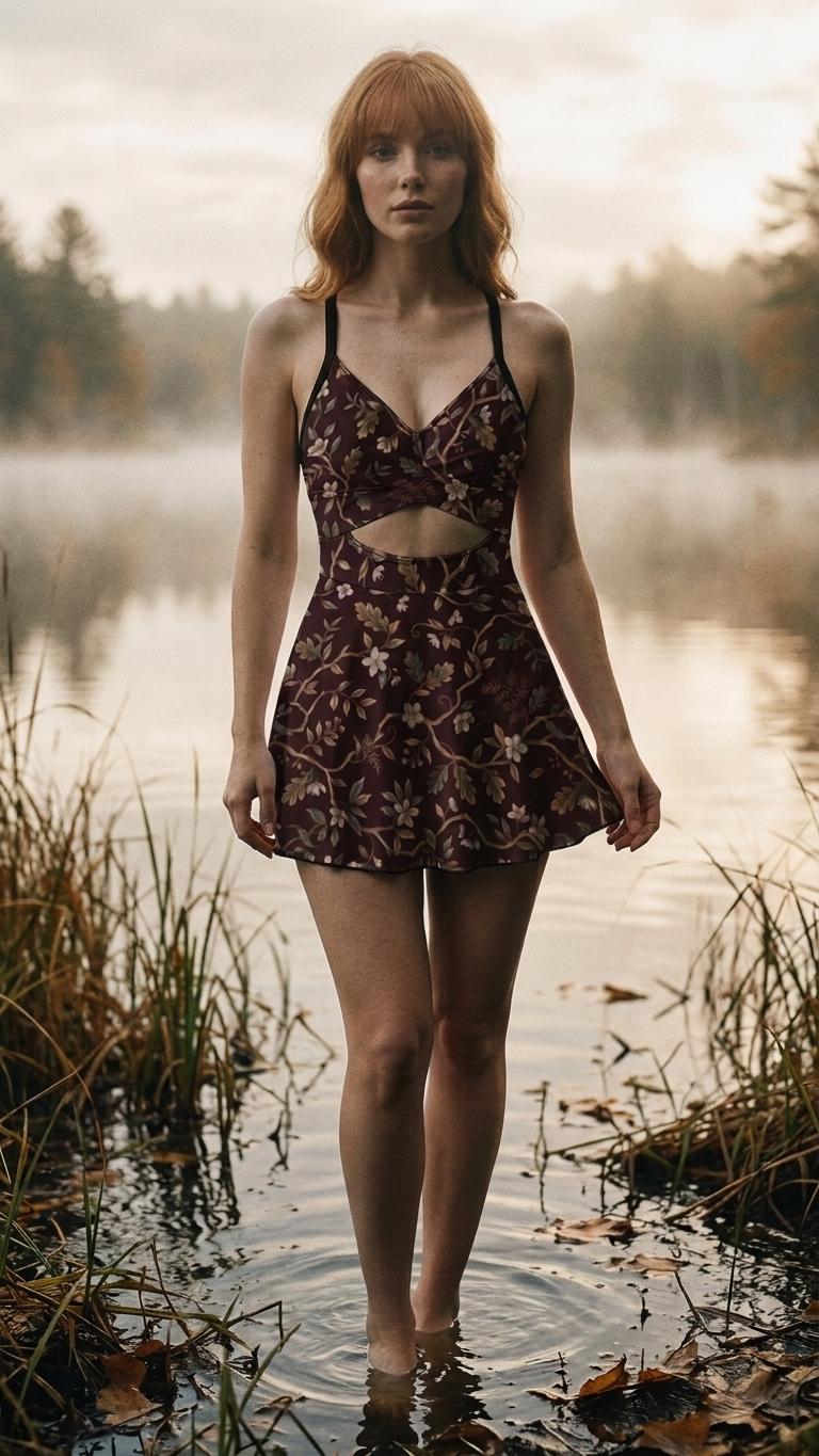 Skirted One-Piece Swimsuit with Cut-Out Detail | Integrated Bottoms | Brown Vintage Florals