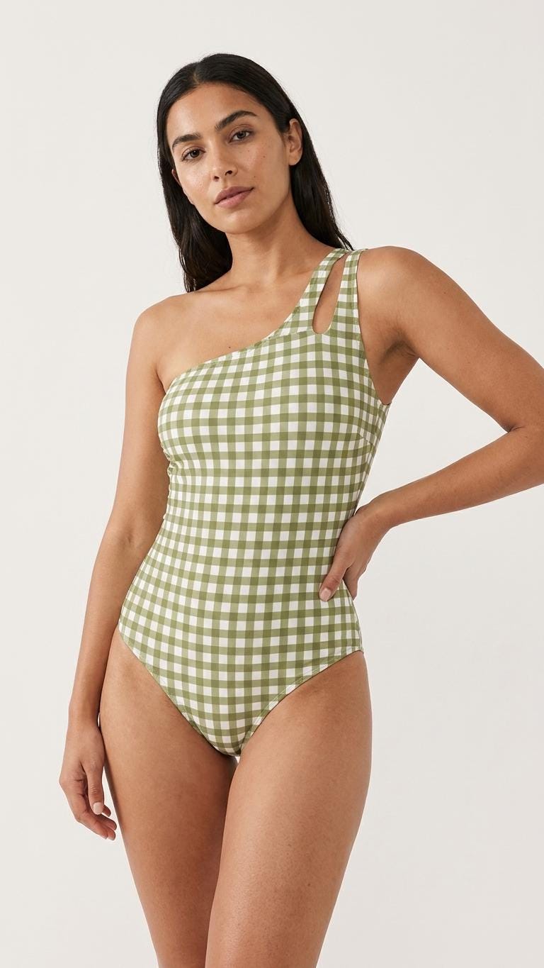 Retro One-Shoulder Ruched Swimsuit, Keyhole Strap & Tummy Control, Vintage-Inspired One-Piece, Green Gingham