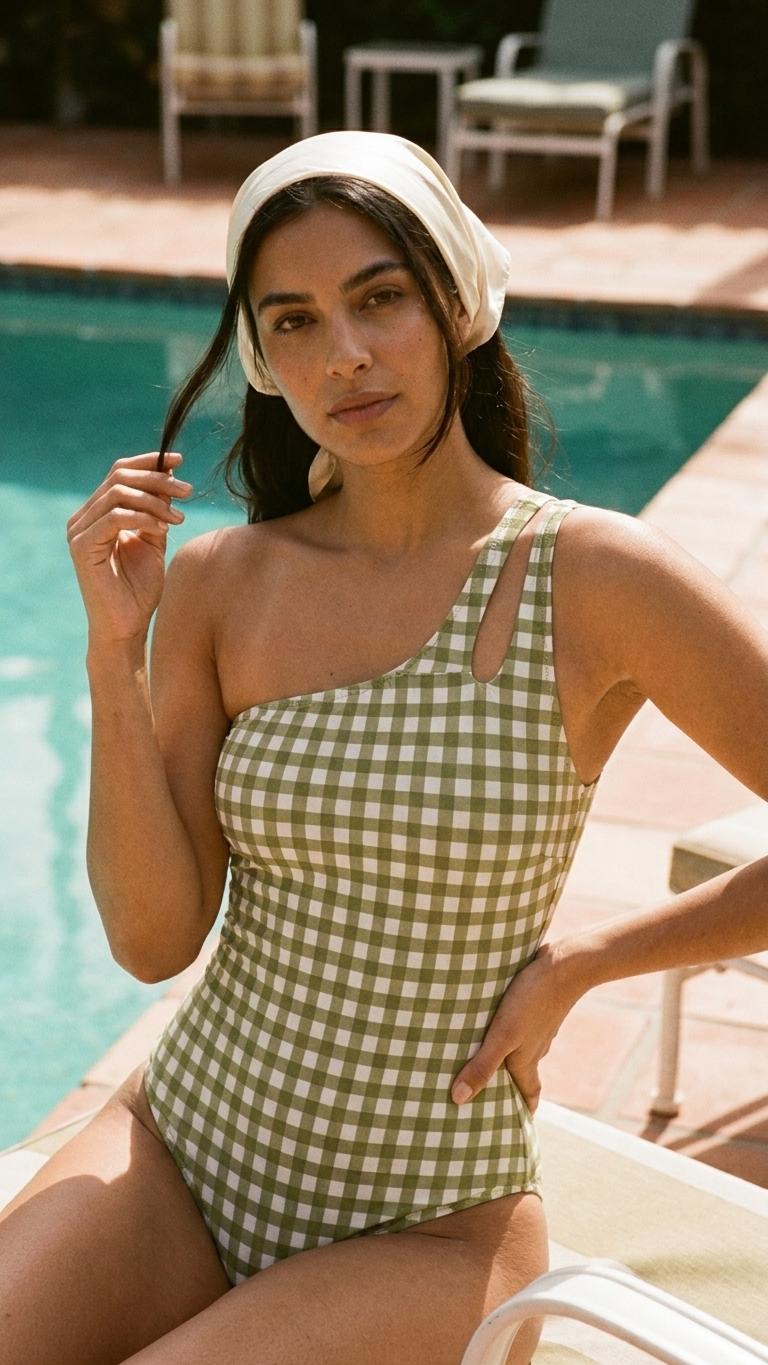 Retro One-Shoulder Ruched Swimsuit, Keyhole Strap & Tummy Control, Vintage-Inspired One-Piece, Green Gingham