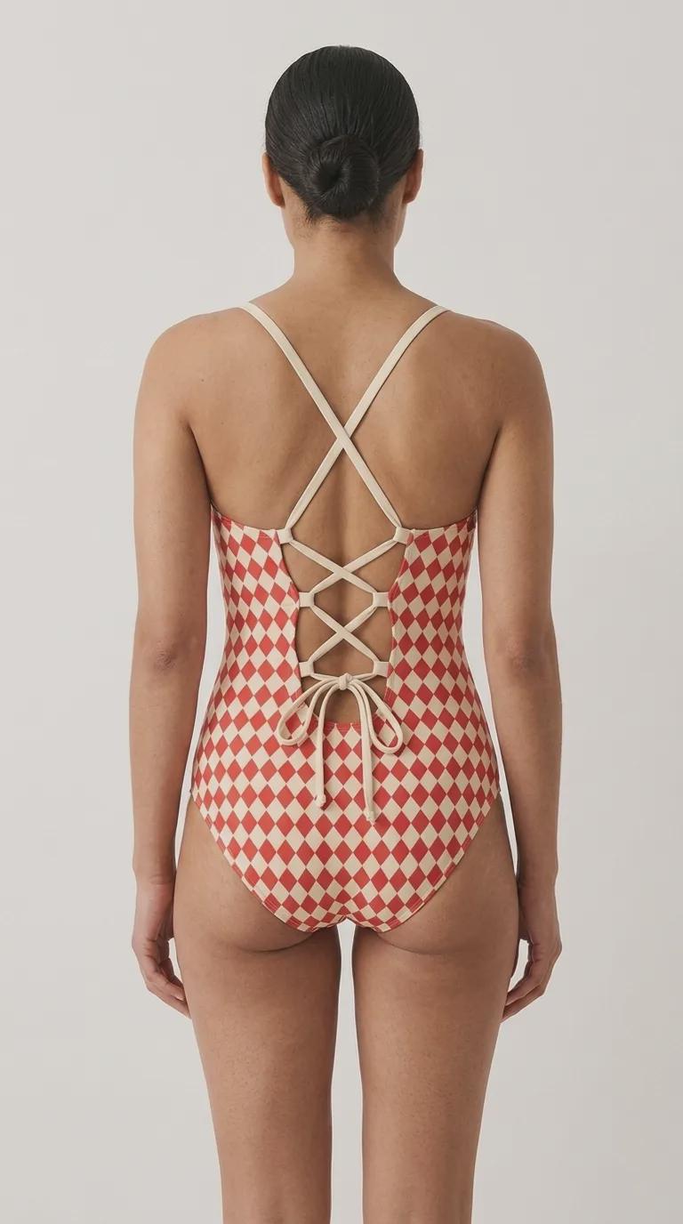 Retro Romantic Push-Up One-Piece Swimsuit with Lace-Up Back, Red Mid-Century Pattern