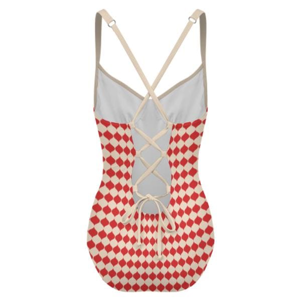 Retro Romantic Push-Up One-Piece Swimsuit with Lace-Up Back, Red Mid-Century Pattern