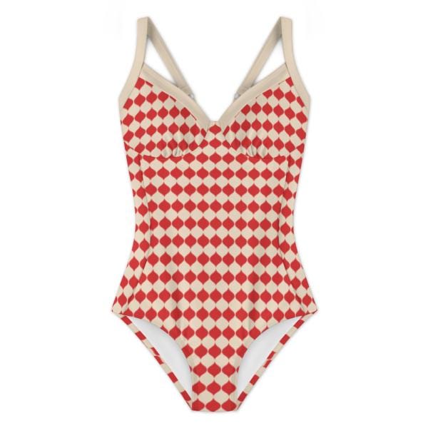 Retro Romantic Push-Up One-Piece Swimsuit with Lace-Up Back, Red Mid-Century Pattern