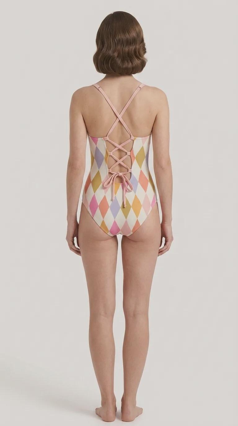 Retro Romantic Boho Push-Up One-Piece Swimsuit with Lace-Up Back, Delicate Harlequin