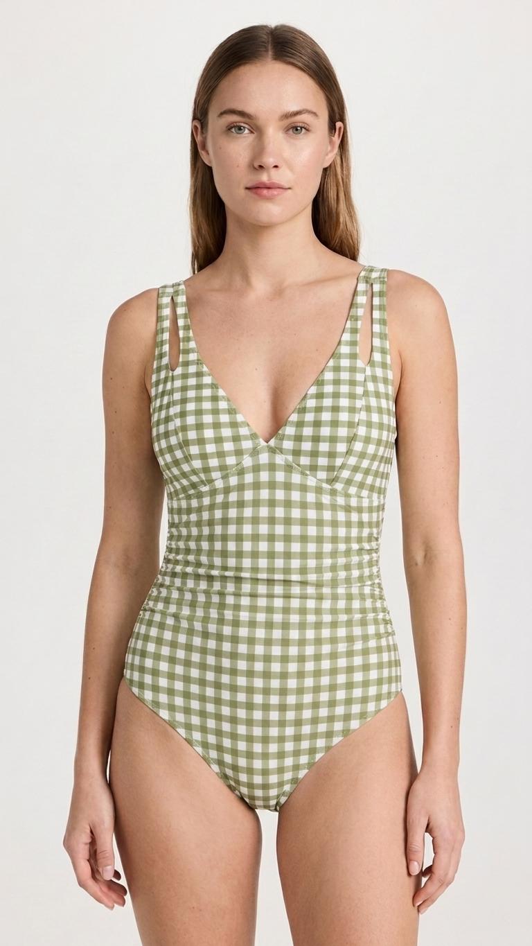 Deep V-Neck Plunge Ruched One-Piece Swimsuit, Cross-Back Tie & Tummy Control, Green Gingham