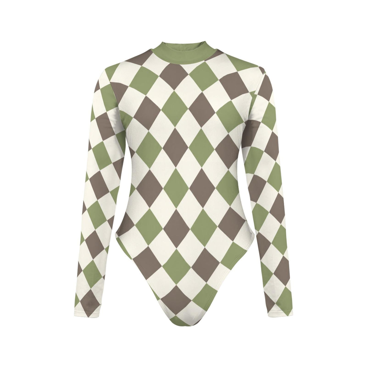 Long-Sleeve Swimsuit – Cut-Out Back & Thumbholes – High-Leg One-Piece – Removable Padding, Front-Lined – Retro Harlequin