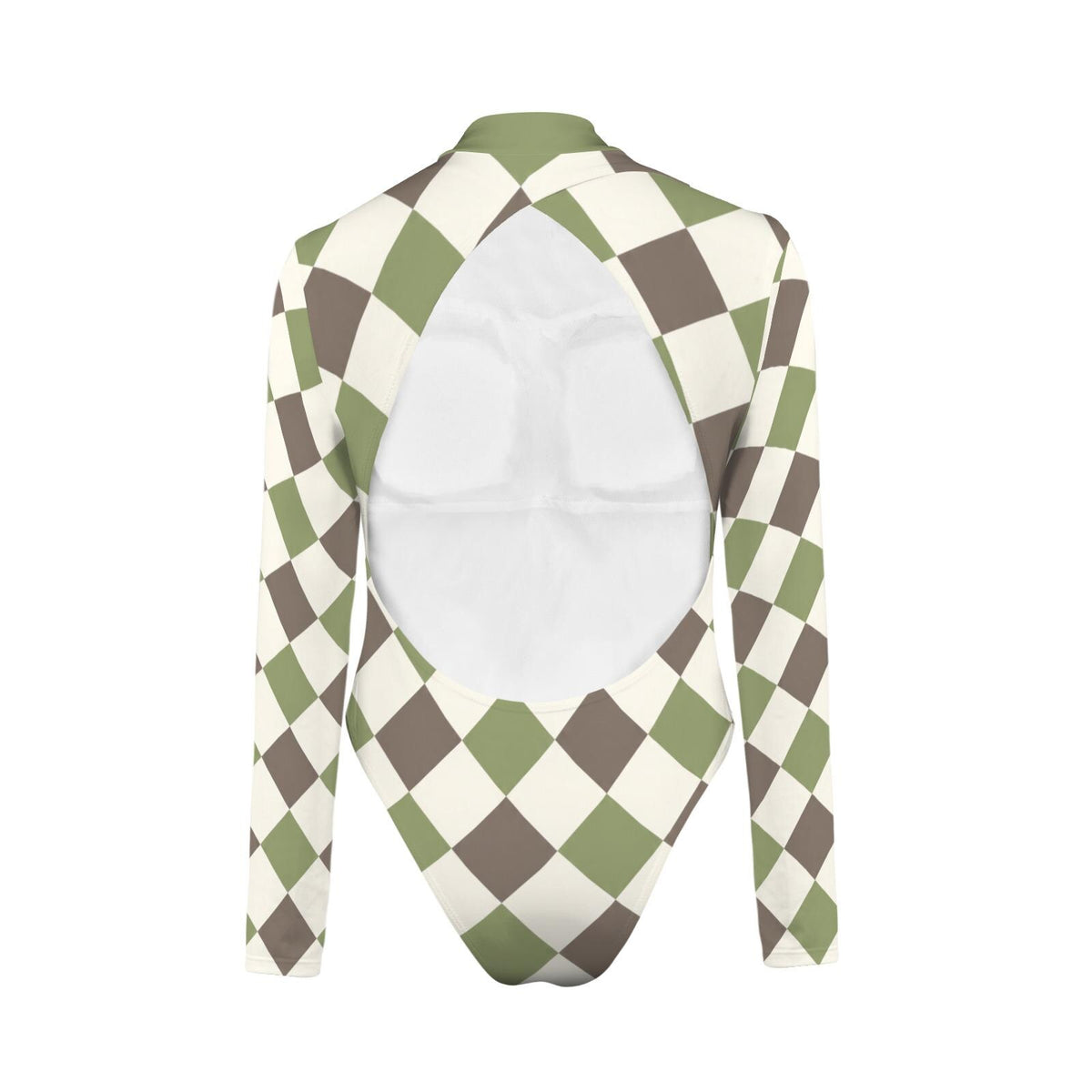 Long-Sleeve Swimsuit – Cut-Out Back & Thumbholes – High-Leg One-Piece – Removable Padding, Front-Lined – Retro Harlequin