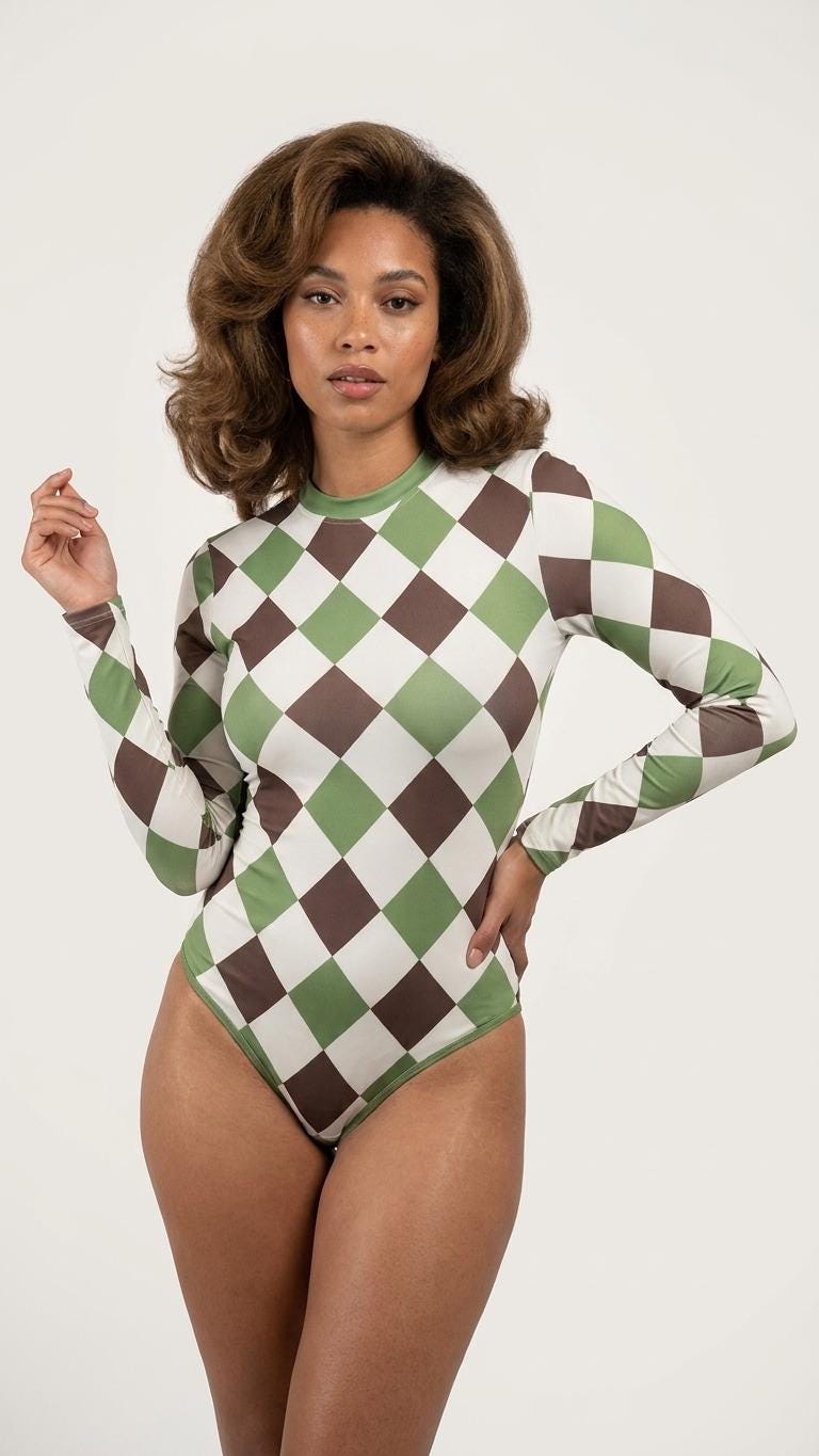 Long-Sleeve One-Piece Swimsuit - Back-Zipper - Lightweight - Soft Chest-Pads - Retro Harlequin