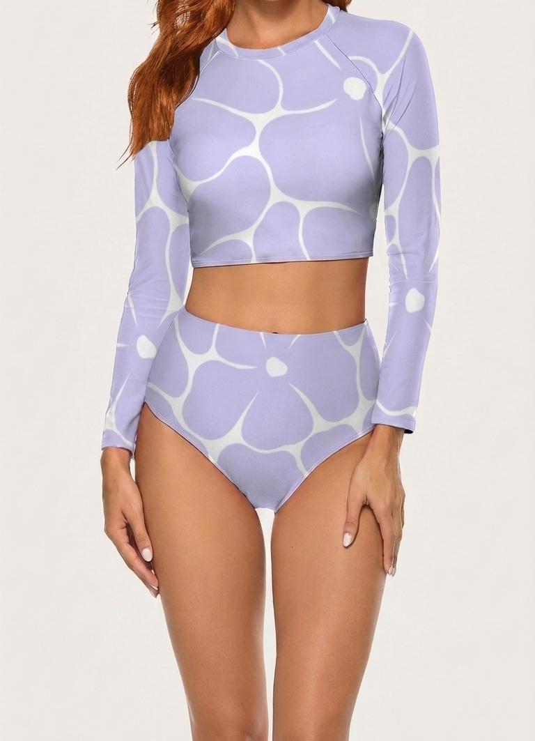 Retro Violet Flowers, Two-Piece Swimsuit, Long Sleeve Crop Rash Guard