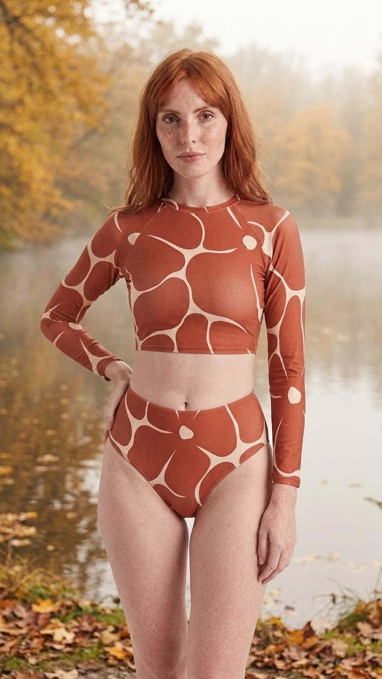 Retro Terracotta Flowers, Two-Piece Swimsuit, Long Sleeve Crop Rash Guard