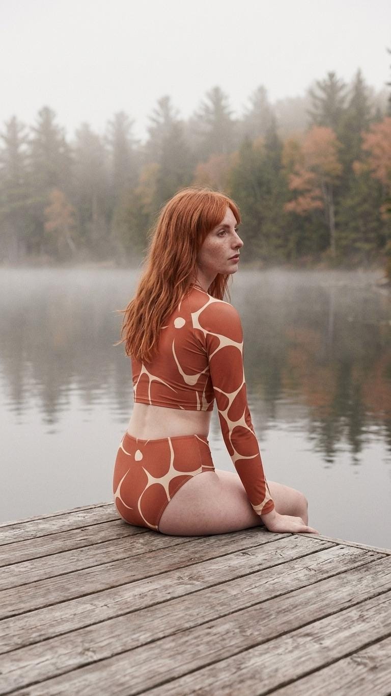 Retro Terracotta Flowers, Two-Piece Swimsuit, Long Sleeve Crop Rash Guard