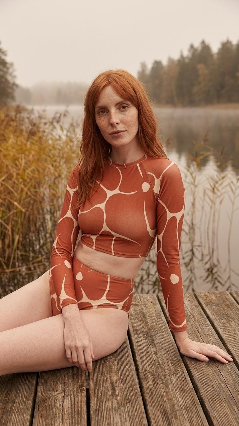 Retro Terracotta Flowers, Two-Piece Swimsuit, Long Sleeve Crop Rash Guard