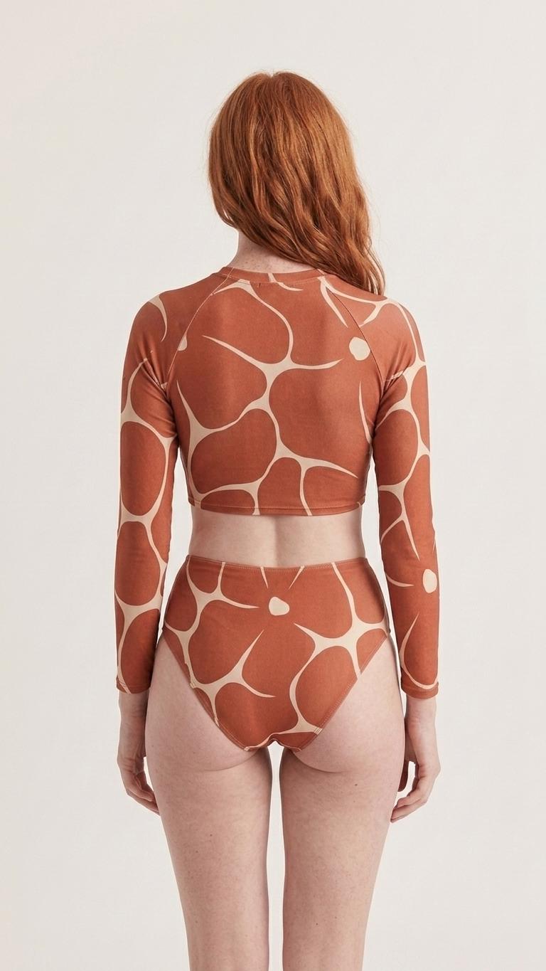 Retro Terracotta Flowers, Two-Piece Swimsuit, Long Sleeve Crop Rash Guard