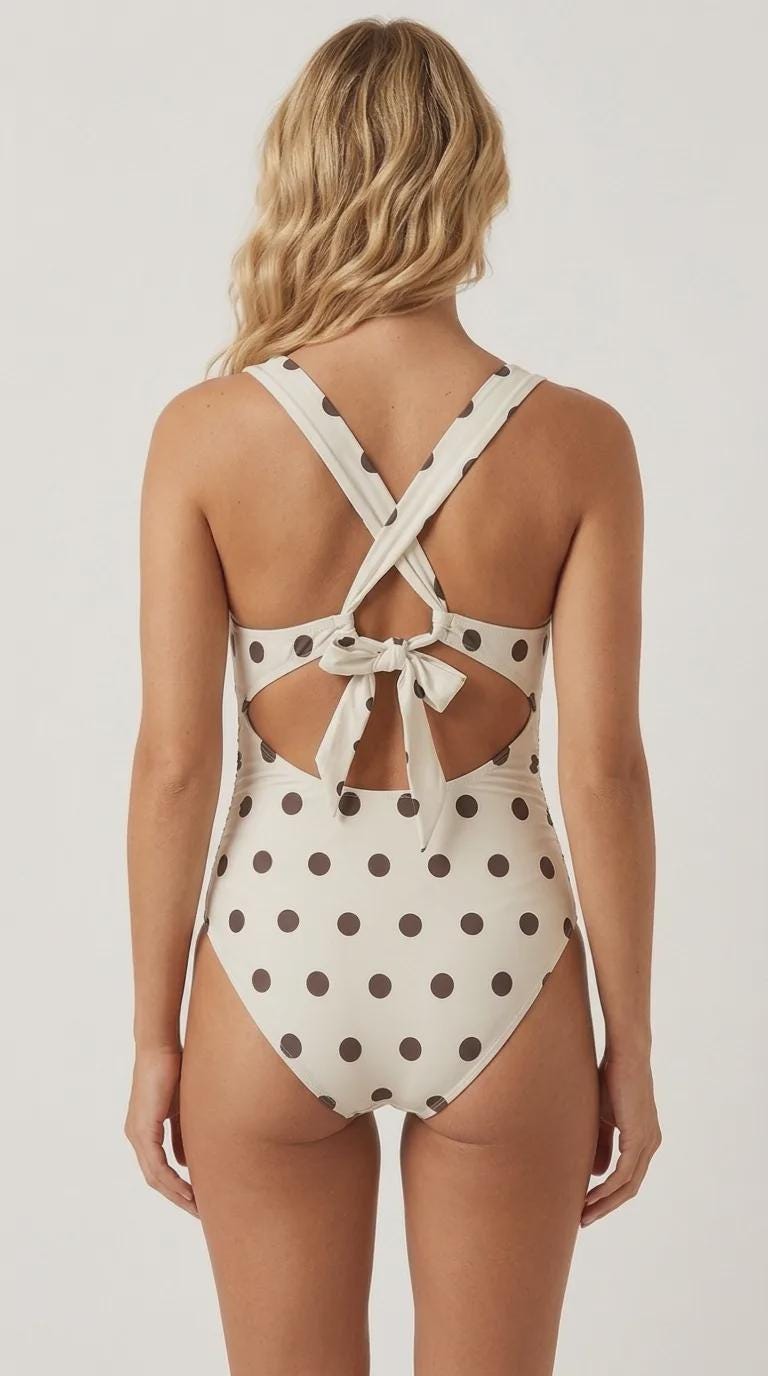 Deep V-Neck Plunge Ruched One-Piece Swimsuit, Cross-Back Tie & Tummy Control, Off-White Polka Dot