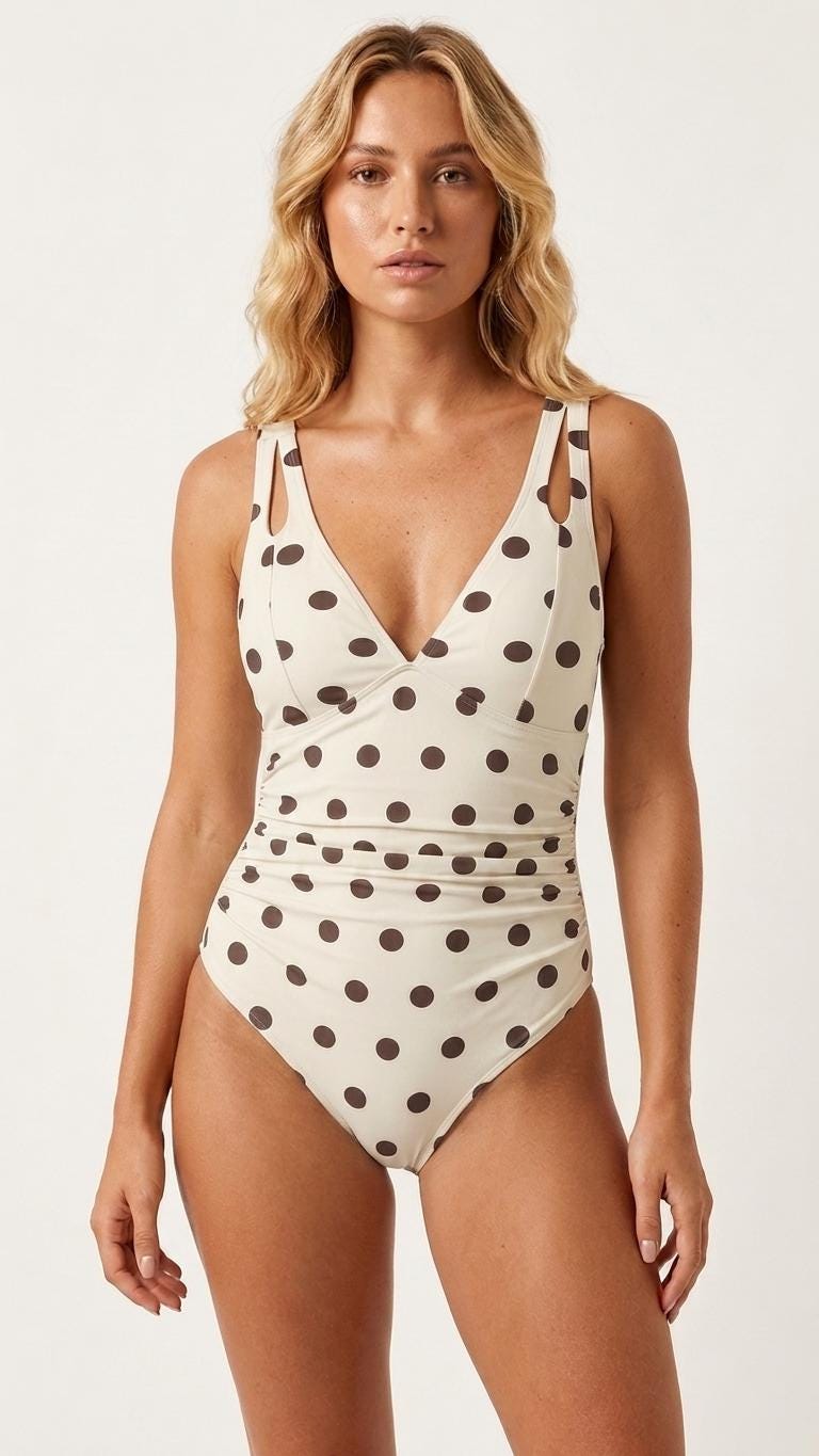 Deep V-Neck Plunge Ruched One-Piece Swimsuit, Cross-Back Tie & Tummy Control, Off-White Polka Dot