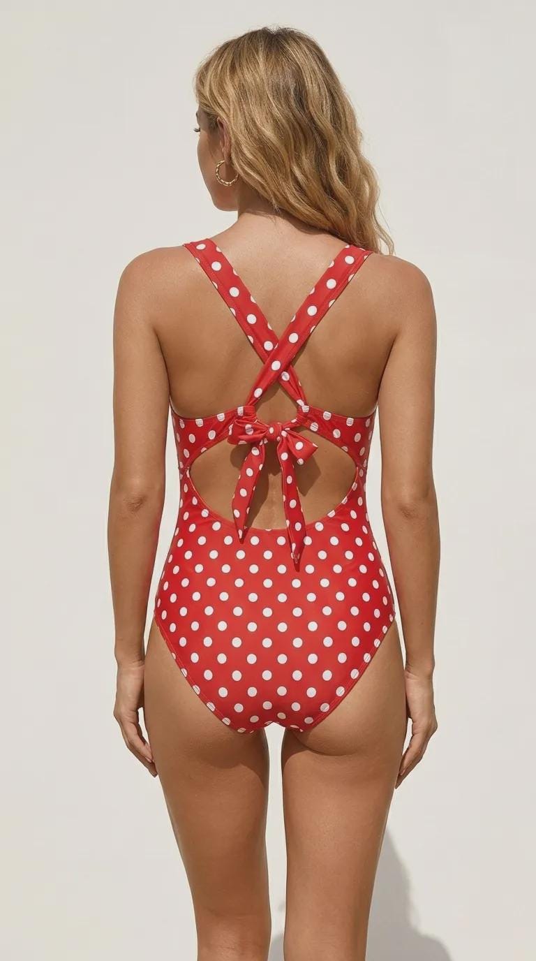 Deep V-Neck Plunge Ruched One-Piece Swimsuit, Cross-Back Tie & Tummy Control, Red Polka Dot
