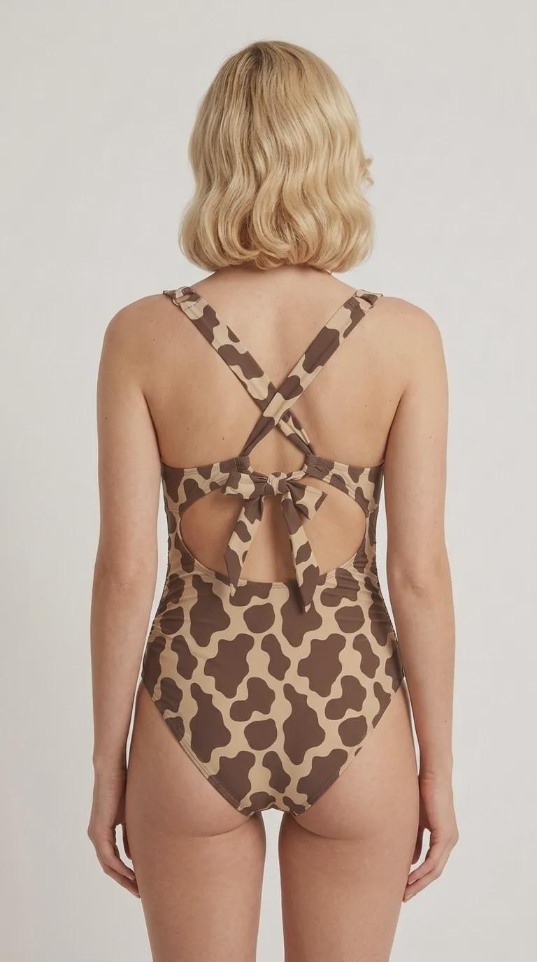 Deep V-Neck Plunge Ruched One-Piece Swimsuit, Cross-Back Tie & Tummy Control, Boho 1970s Animal Brown