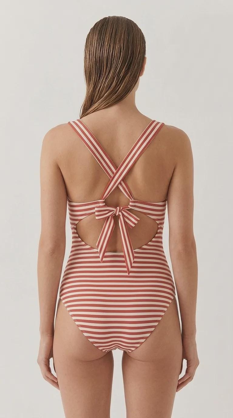 Deep V-Neck Plunge Ruched One-Piece Swimsuit, Cross-Back Tie & Tummy Control, Red Stripes