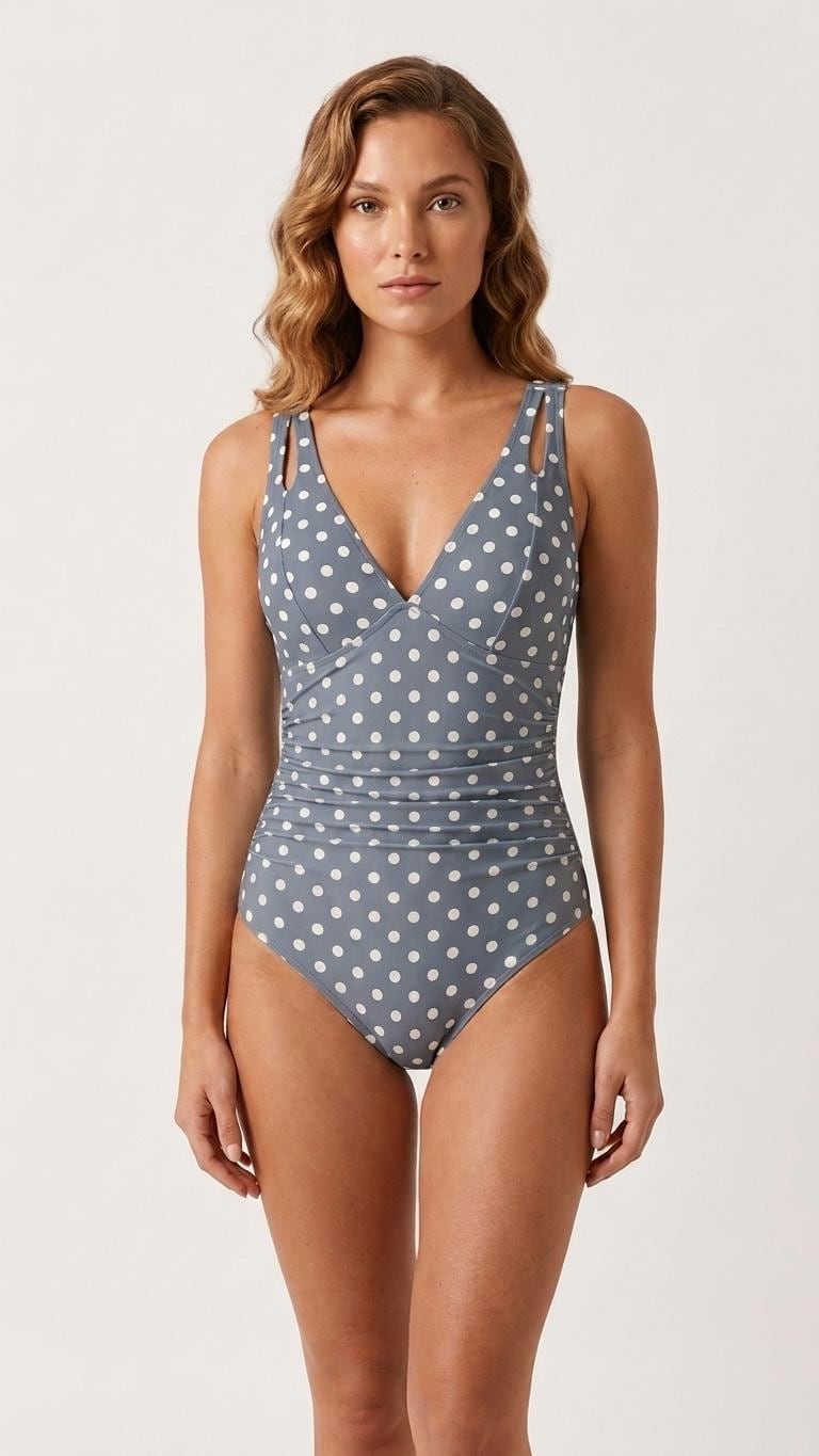 Deep V-Neck Plunge Ruched One-Piece Swimsuit, Cross-Back Tie & Tummy Control, Blue Polka Dot