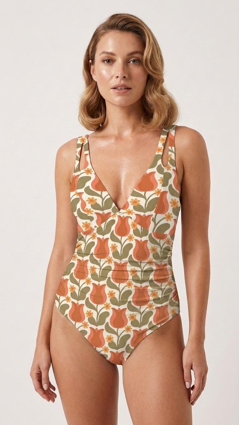 Deep V-Neck Plunge Ruched One-Piece Swimsuit, Cross-Back Tie & Tummy Control, Mid-Century Florals