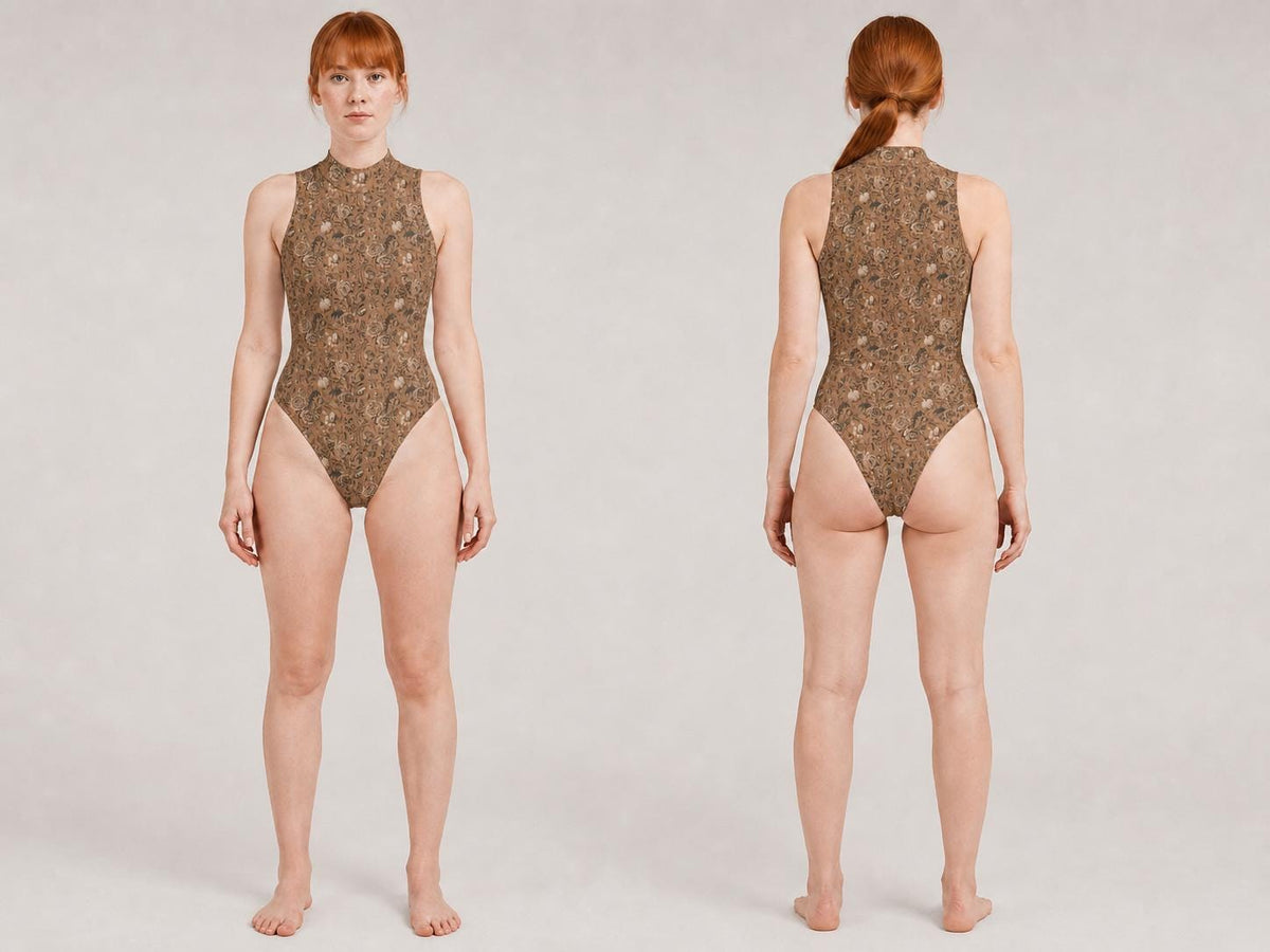 Brown Botanical High Neck Swimsuit, Pre-Raphaelite Autumn Floral One Piece Swimwear
