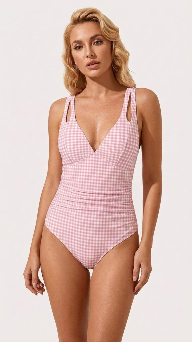 Deep V-Neck Plunge Ruched One-Piece Swimsuit, Cross-Back Tie & Tummy Control, Pink Gingham