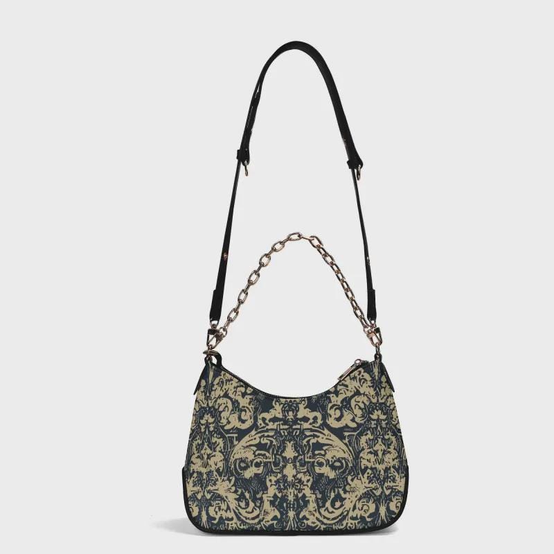 Distressed Baroque Printed Shoulder Bag, Grunge Damask Vegan Leather Handbag with Chain