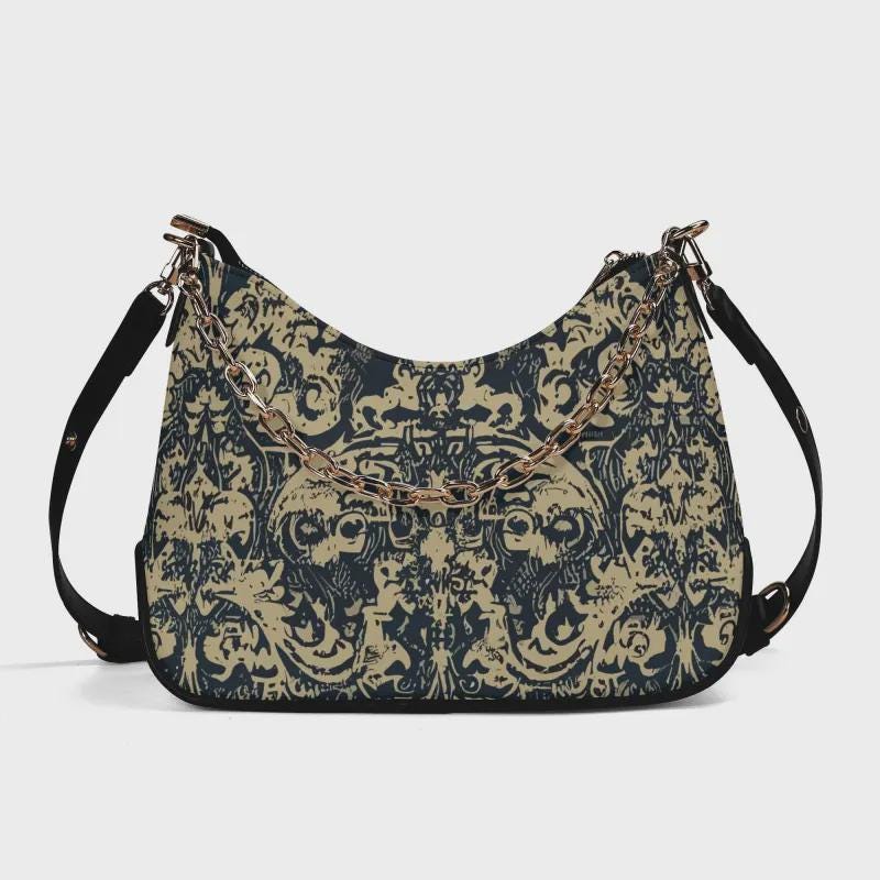 Distressed Baroque Printed Shoulder Bag, Grunge Damask Vegan Leather Handbag with Chain