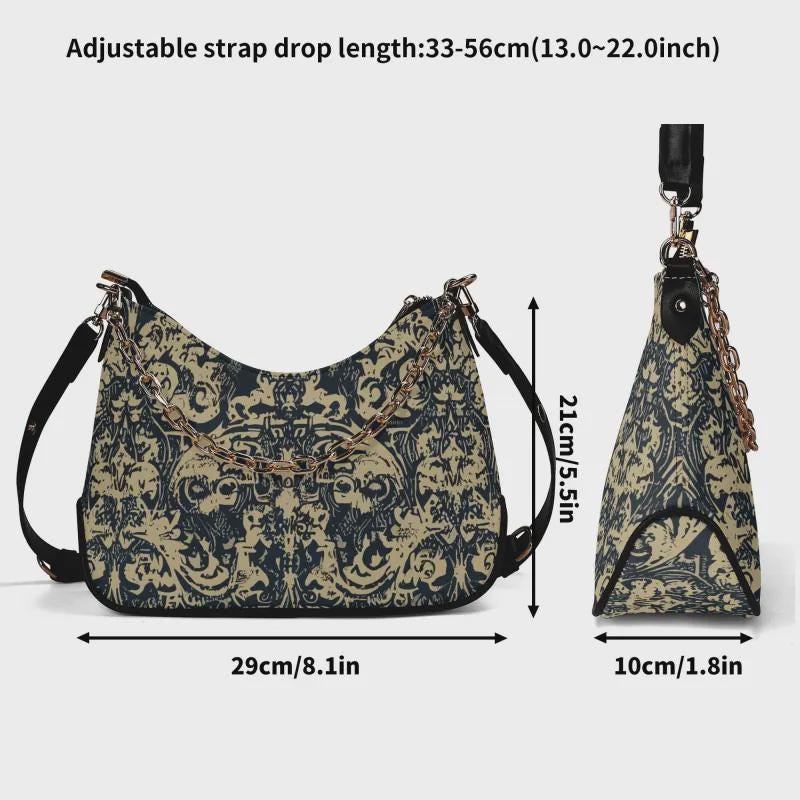 Distressed Baroque Printed Shoulder Bag, Grunge Damask Vegan Leather Handbag with Chain