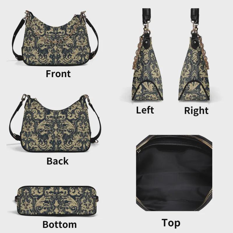 Distressed Baroque Printed Shoulder Bag, Grunge Damask Vegan Leather Handbag with Chain