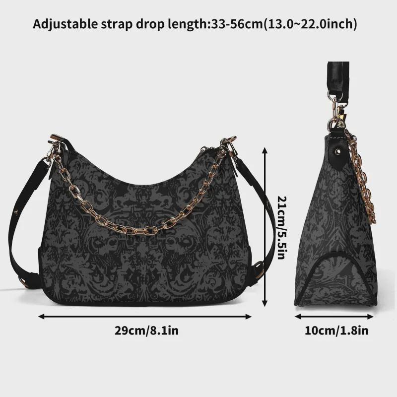 Distressed Baroque Printed Shoulder Bag, Black Grunge Damask Vegan Leather Handbag with Chain