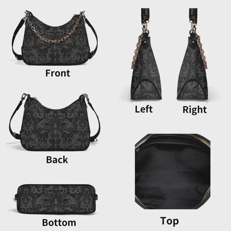 Distressed Baroque Printed Shoulder Bag, Black Grunge Damask Vegan Leather Handbag with Chain