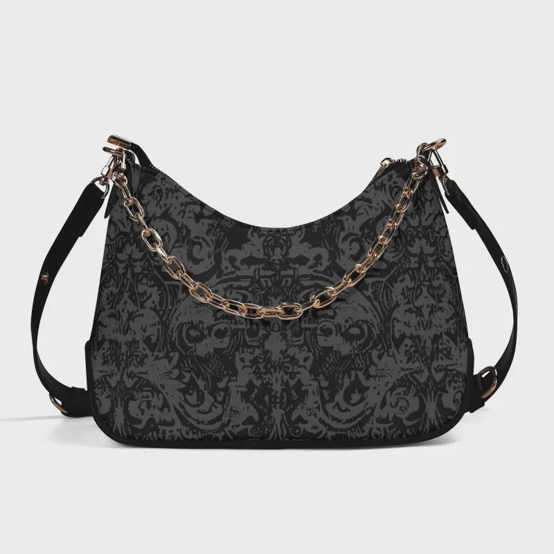 Distressed Baroque Printed Shoulder Bag, Black Grunge Damask Vegan Leather Handbag with Chain